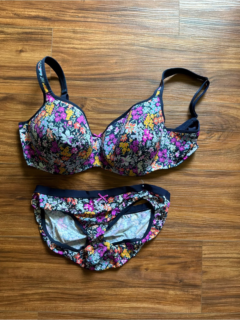 Cacique Navy Floral Bra & Brief Set with Pink, Yellow & White Flowers